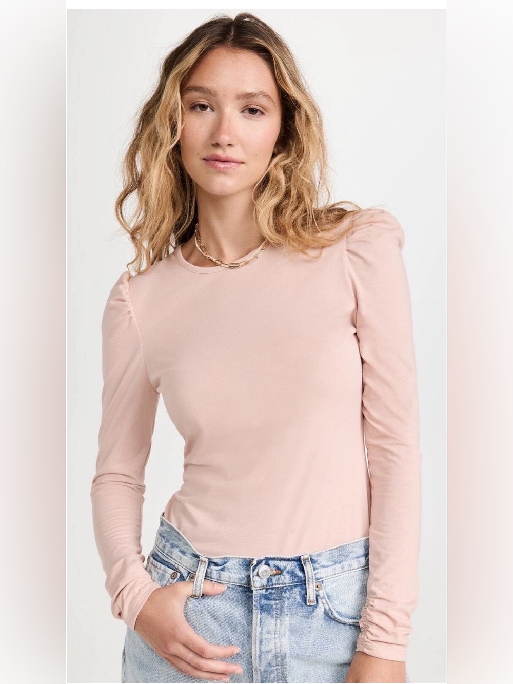 NWOT Rebecca Taylor Ruched Puff Sleeve Long Sleeve Top Knit Soft Blush Pink